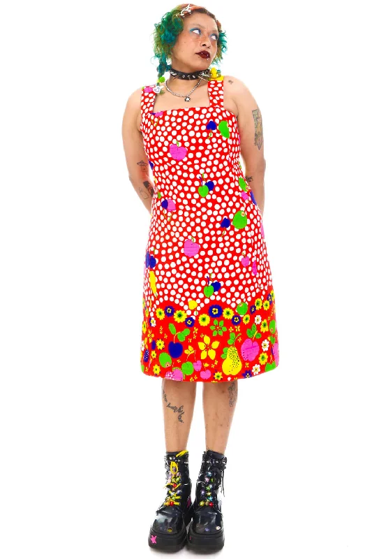 Vintage 70's Fruit Rainbow Polka Dot Party Dress - M/L