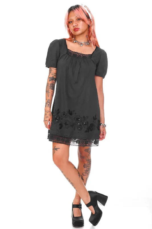 Vintage Y2K Lu Lu Lame Black Flower Cotton Dress - OSFM