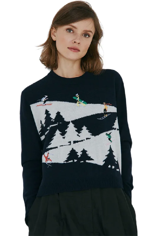 Autumn Cashmere Snowscape with Skiers Sweater in Navy Combo