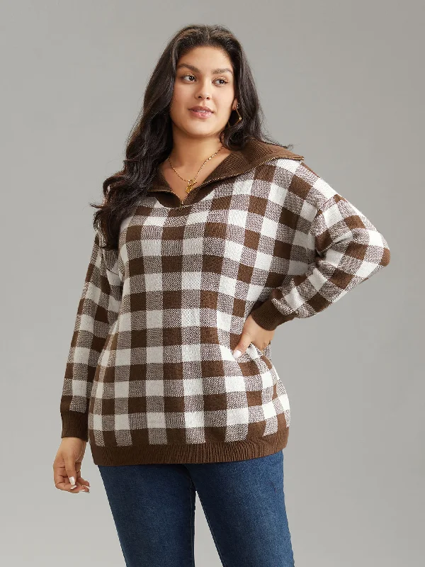 Gingham Half Zip Polo Drop Shoulder Pullover