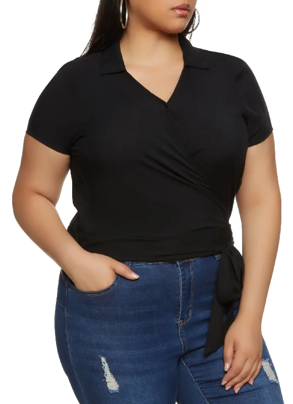 Plus Size Collared Faux Wrap Top