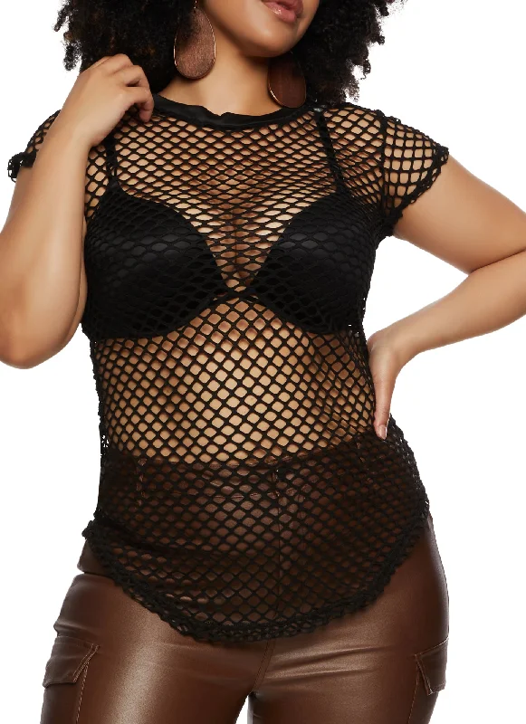 Plus Size Fishnet Crew Neck Top