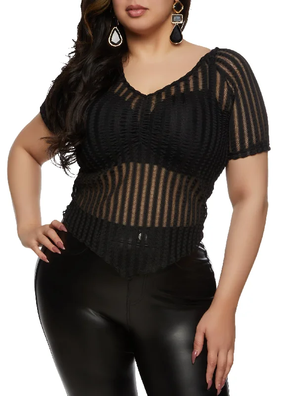 Plus Size Striped Mesh Detail Hanky Hem Top