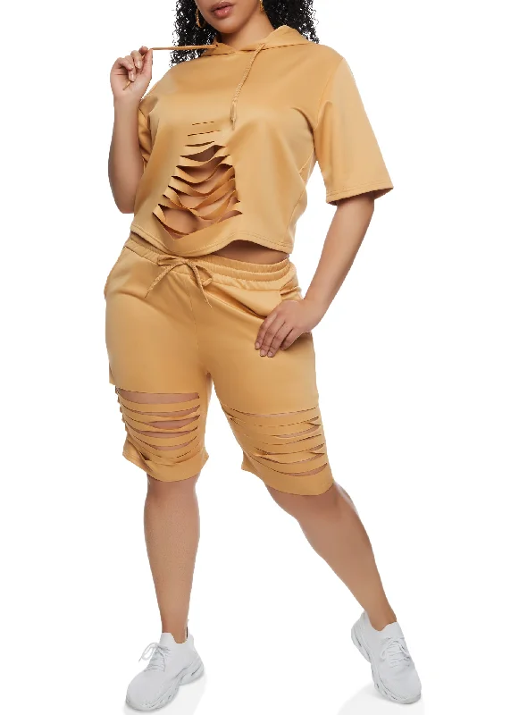 Plus Size Laser Cut Short Sleeve Hooded Top