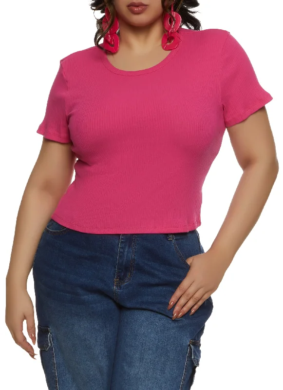 Plus Size Basic Ribbed Knit Short Sleeve Top