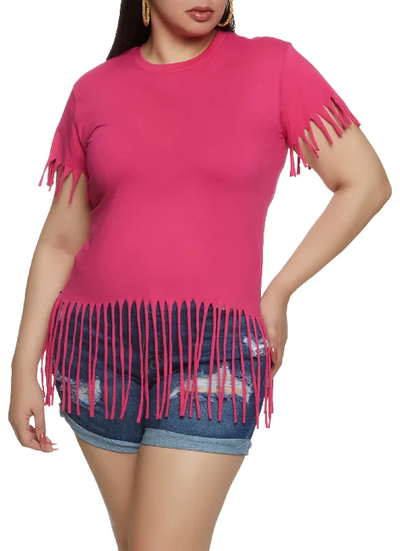 Plus Size Fringe Crew Neck T Shirt