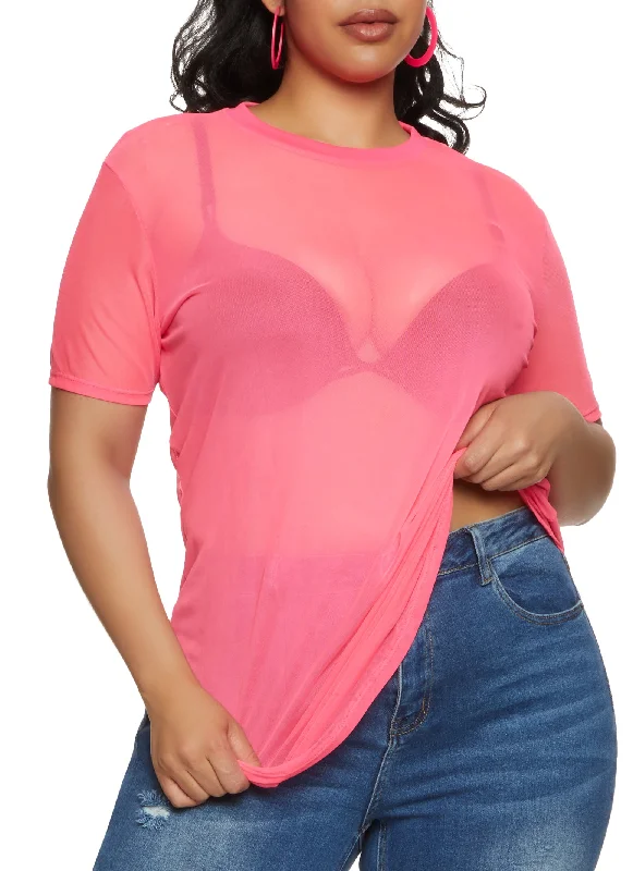 Plus Size Mesh Short Sleeve Crew Neck T Shirt