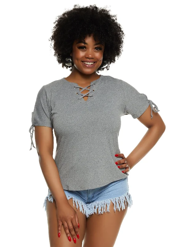 Plus Size Lace Up Notch Neck Tie Sleeve Tee