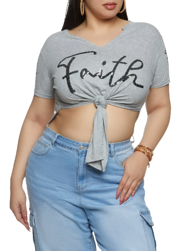 Plus Size Sequin Faith Knot Front Tee