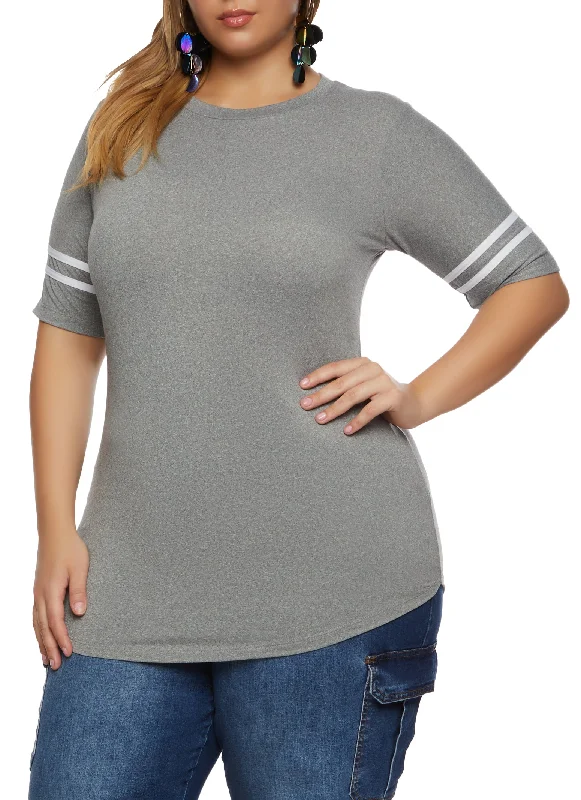 Plus Size Varsity Striped Sleeve T Shirt