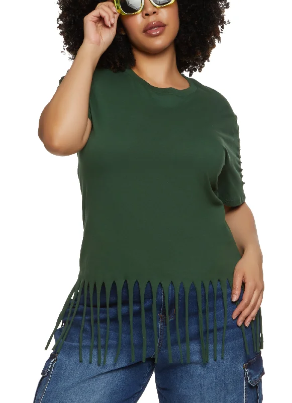 Plus Size Laser Cut Fringe Hem Tee