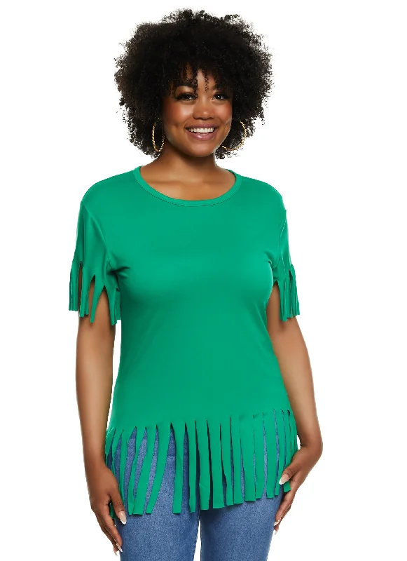 Plus Size Short Sleeve Fringe Hem T Shirt