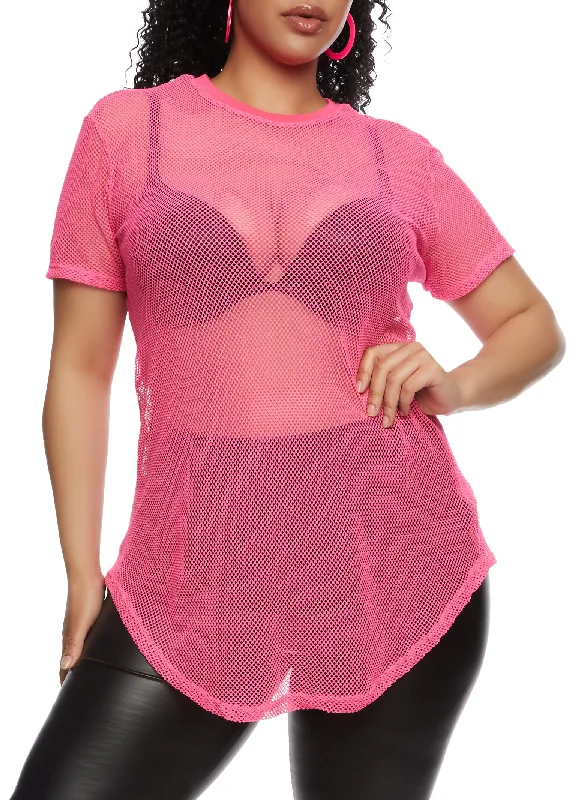 Plus Size Fishnet Short Sleeve T Shirt