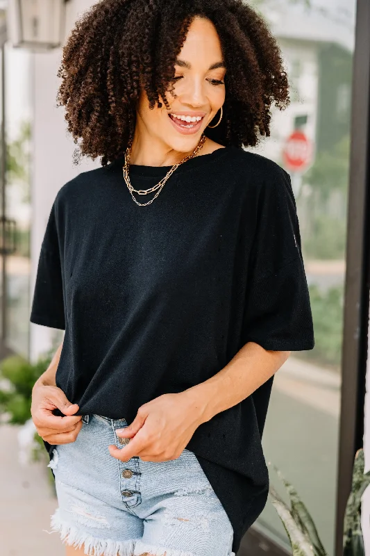 One More Time Black Distressed Top