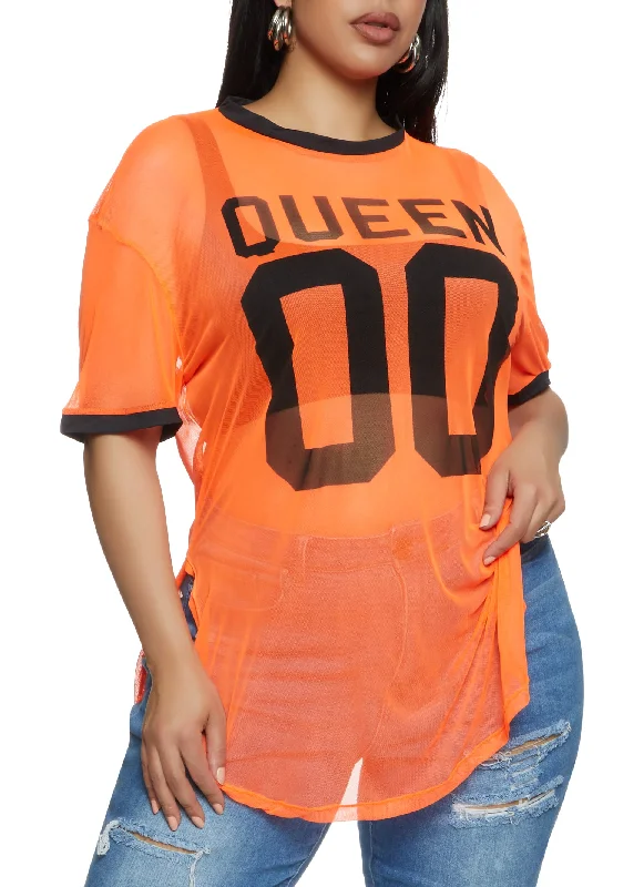 Plus Size Sheer Mesh Queen Baseball T Shirt