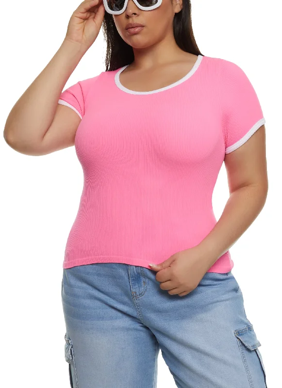 Plus Size Rib Knit Seamless Ringer Tee