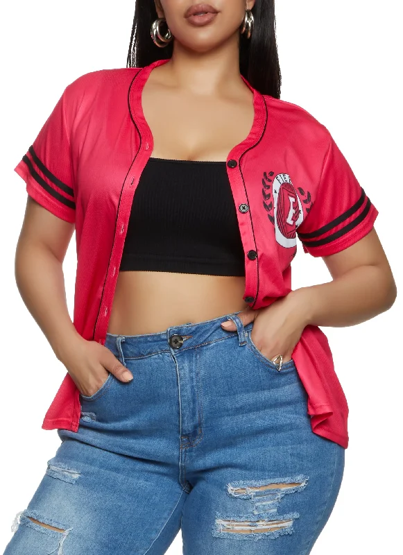 Plus Size Varsity Stripe Fierce Graphic Baseball Shirt