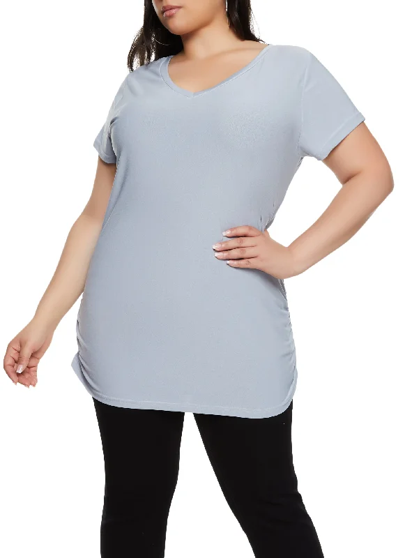 Plus Size Ruched Side V Neck T Shirt