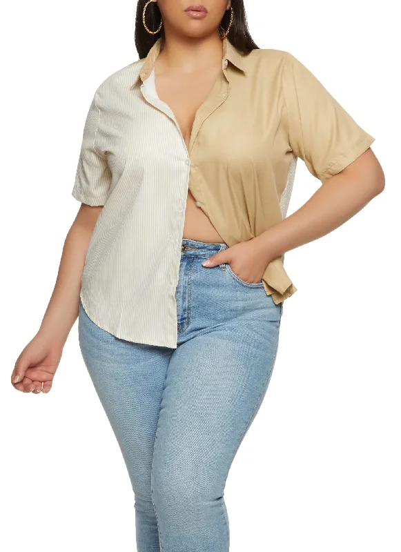 Plus Size Color Block Button Front Short Sleeve Shirt