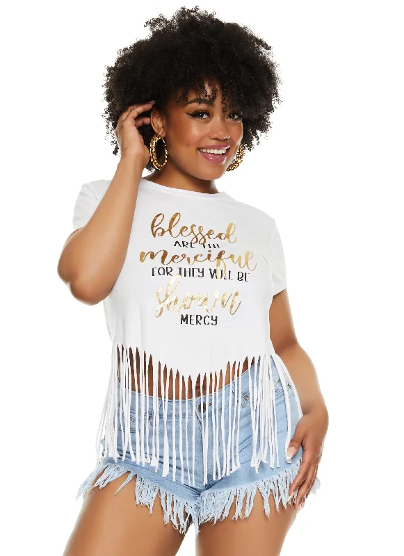 Plus Size Fringe Hem Blessed Foil Graphic T Shirt