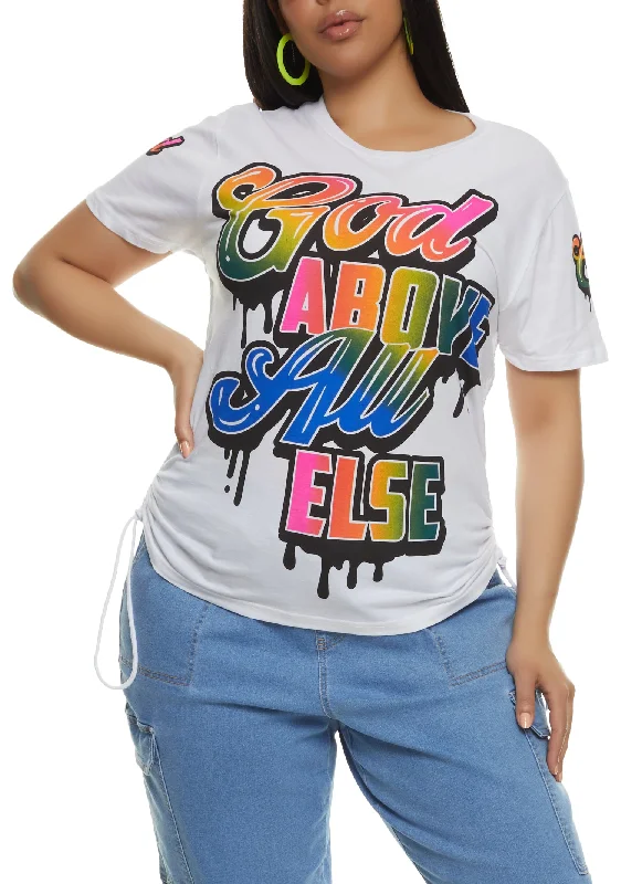 Plus Size God Above All Else Ruched Side Graphic Tee