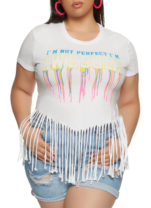 Plus Size Im Not Perfect Im Awesome Fringe Hem Graphic Tee