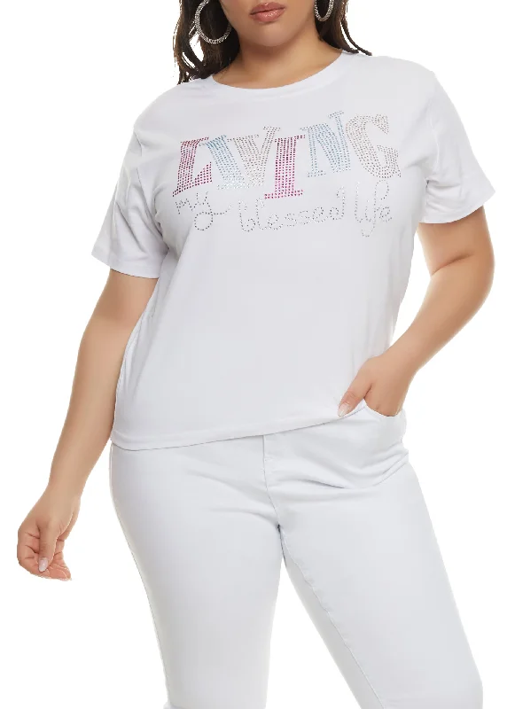 Plus Size Living My Blessed Life Rhinestone Graphic T Shirt