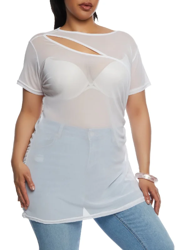 Plus Size Mesh Keyhole Side Slit Tunic Top