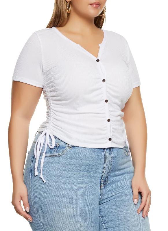 Plus Size Rib Knit Button Front Ruched Tee