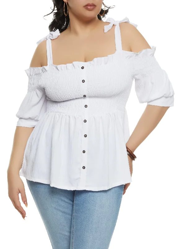 Plus Size Smocked Button Front Cold Shoulder Top