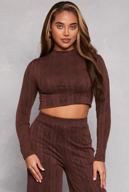 Cable Knit Mock Neck Long Sleeve Crop Top