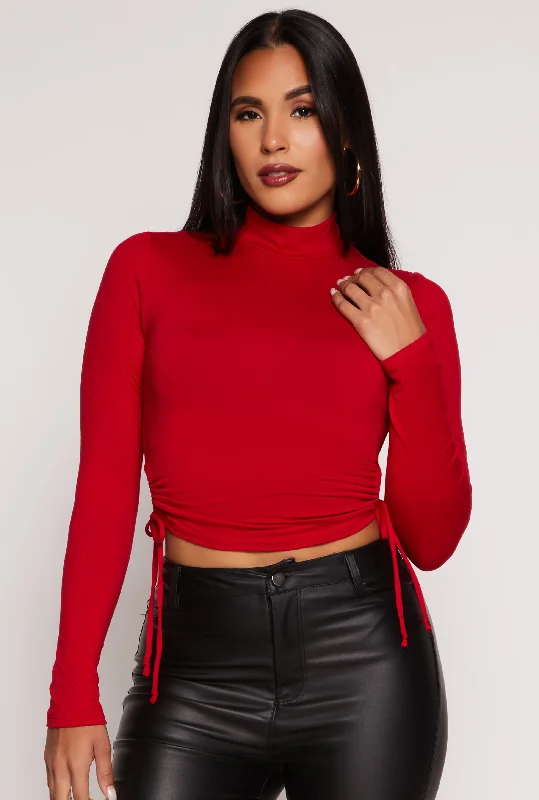 Side Tie Mock Neck Long Sleeve Crop Top