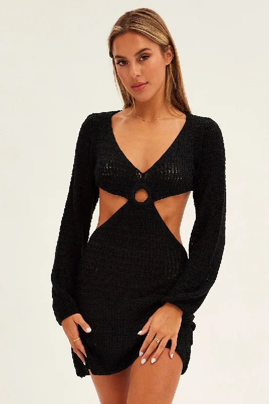 Black Crochet Long Sleeve Mini Cut Out Dress