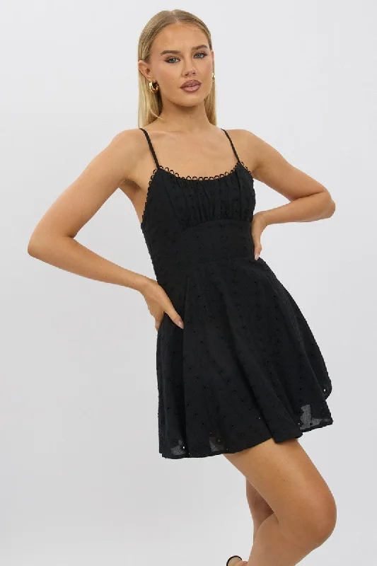 Black Fit And Flare Dress Mini Eyelet Fabric