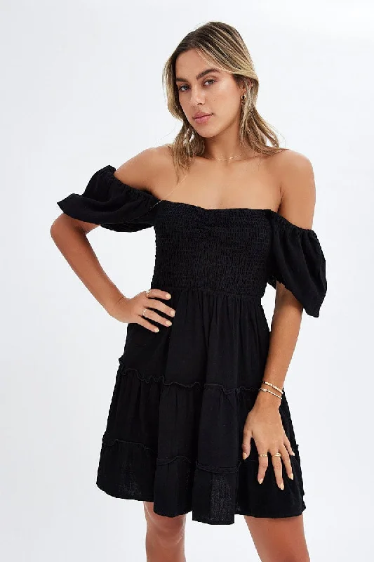 Black Fit And Flare Dress Puff Sleeve Mini