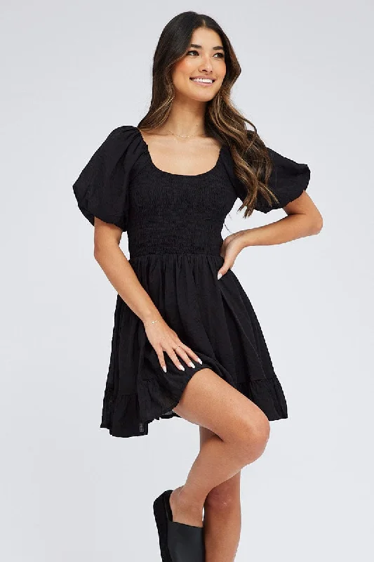 Black Fit And Flare Dress Shirred Bust Mini