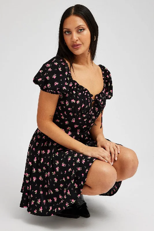 Black Floral Fit And Flare Dress Puff Sleeve Mini