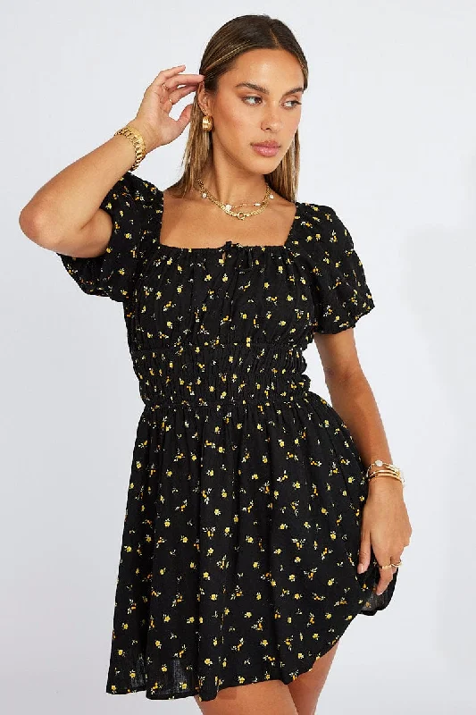 Black Floral Fit And Flare Dress Puff Sleeve Mini