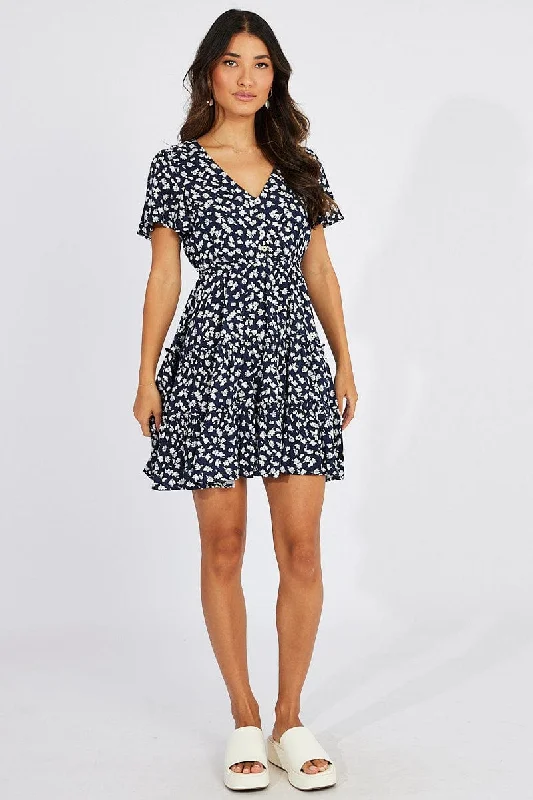 Blue Ditsy Fit And Flare Dress V-neck Mini