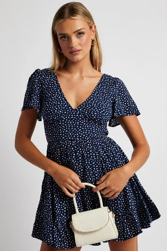 Blue Ditsy Fit And Flare Dress V-neck Mini