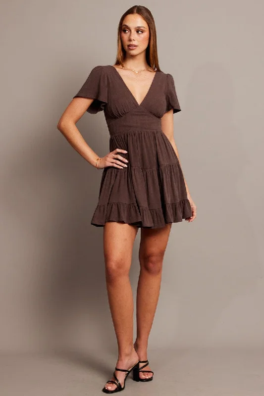 Brown Fit And Flare Dress V-neck Mini