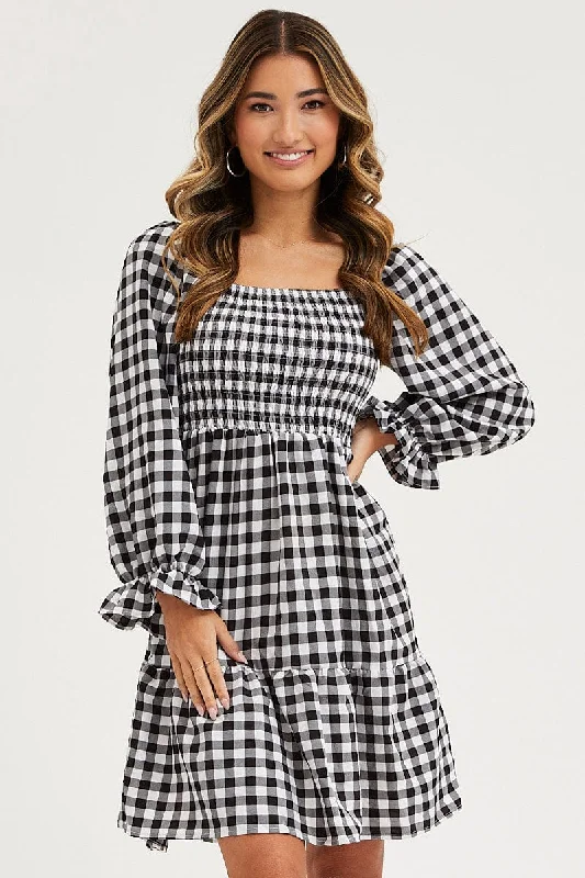 Check Skater Dress Puff Sleeve Mini