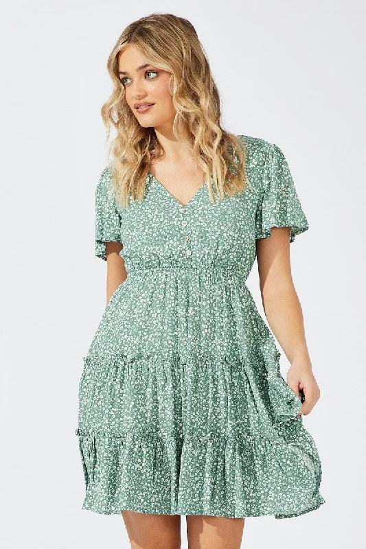 Green Ditsy Fit And Flare Dress V-neck Mini