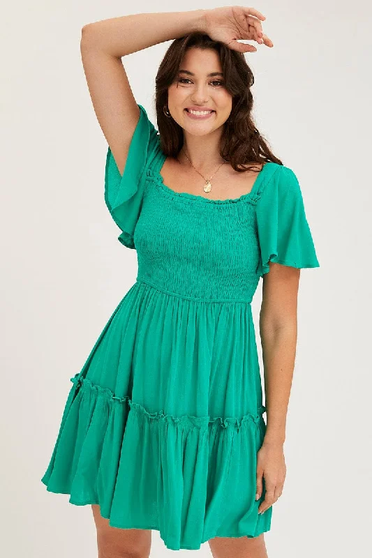 Green Skater Dress Short Sleeve Mini