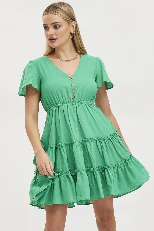 Green Skater Dress Short Sleeve Mini