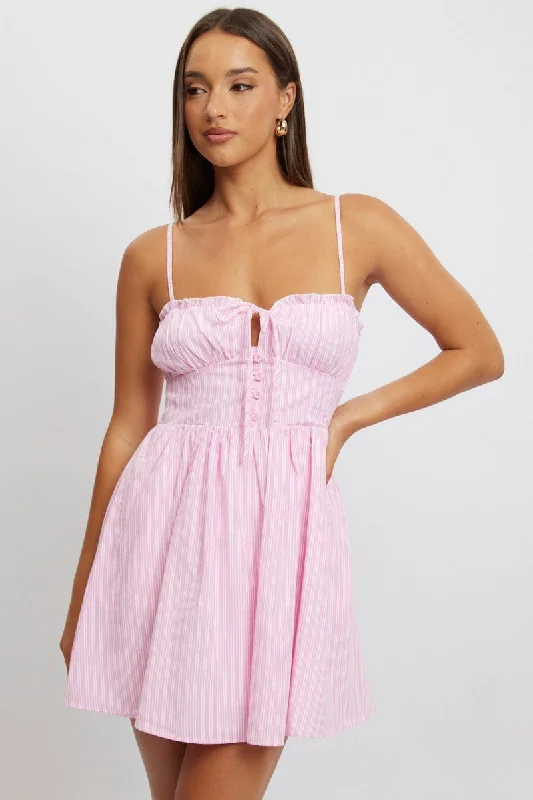 Pink Stripe Fit And Flare Dress Mini