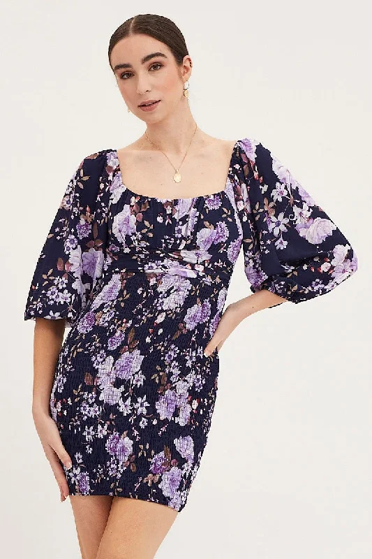 Print Shirred Dress Long Sleeve Mini