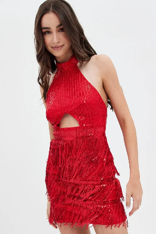 Red Party Bodycon Halter Mini Dress Tassels