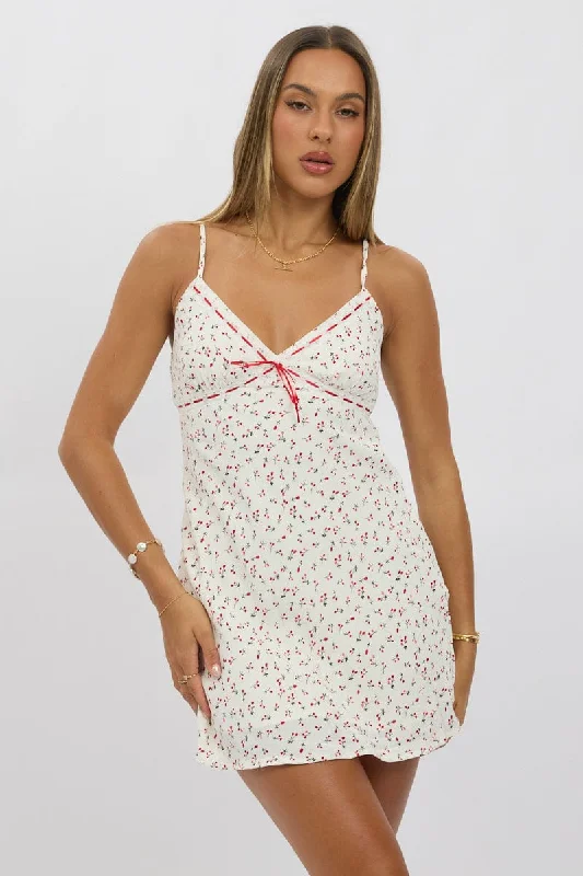 White Ditsy Mini Dress V-Neck Strappy