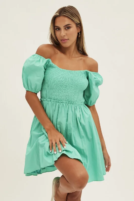 White Fit And Flare Dress Puff Sleeve Mini Poplin